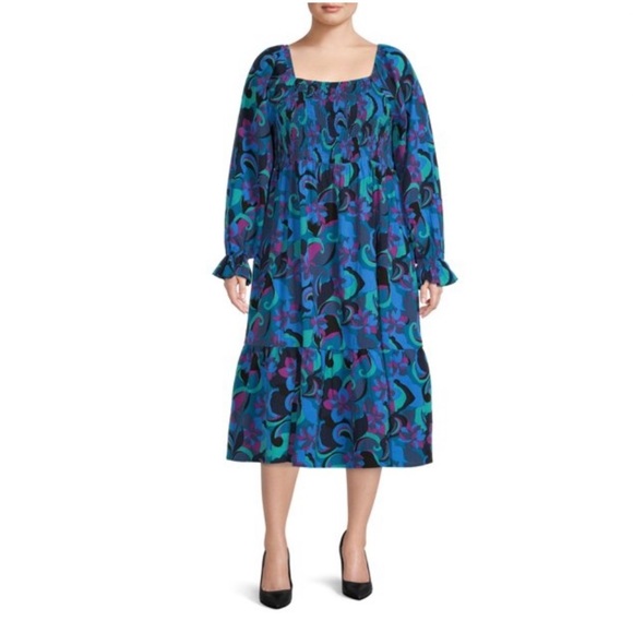 ✅Terra & Sky Women's Plus Size Square Neck Peasant Dress with Smocked Bodice - Picture 2 of 3